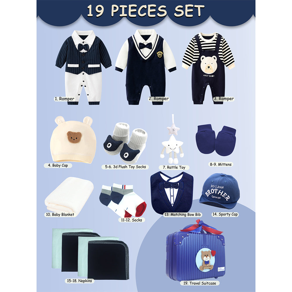 19 pcs Royal Blue Bow Teddy Birthday Gift Hamper set for Baby with travelling suitcase