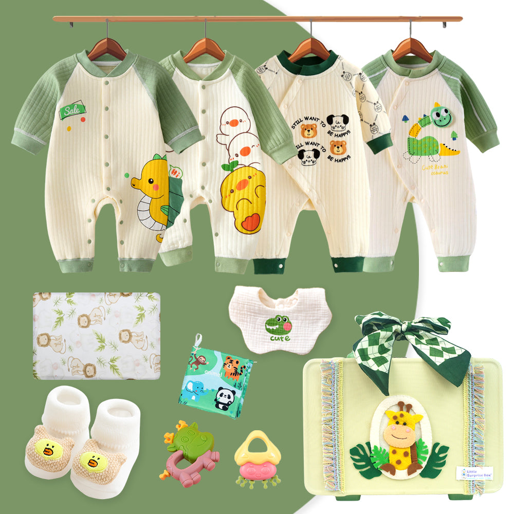 20 pcs Green Tall Giraffe Birthday Gift Hamper set for Baby with travelling Suitcase, Winterwear