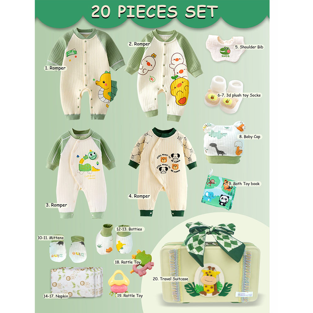 20 pcs Green Tall Giraffe Birthday Gift Hamper set for Baby with travelling Suitcase, Winterwear