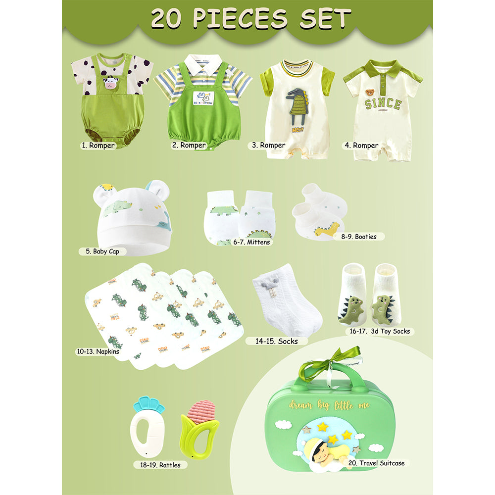 20 pcs Green Dream Big Baby Birthday Gift Hamper set for Baby with travelling suitcase
