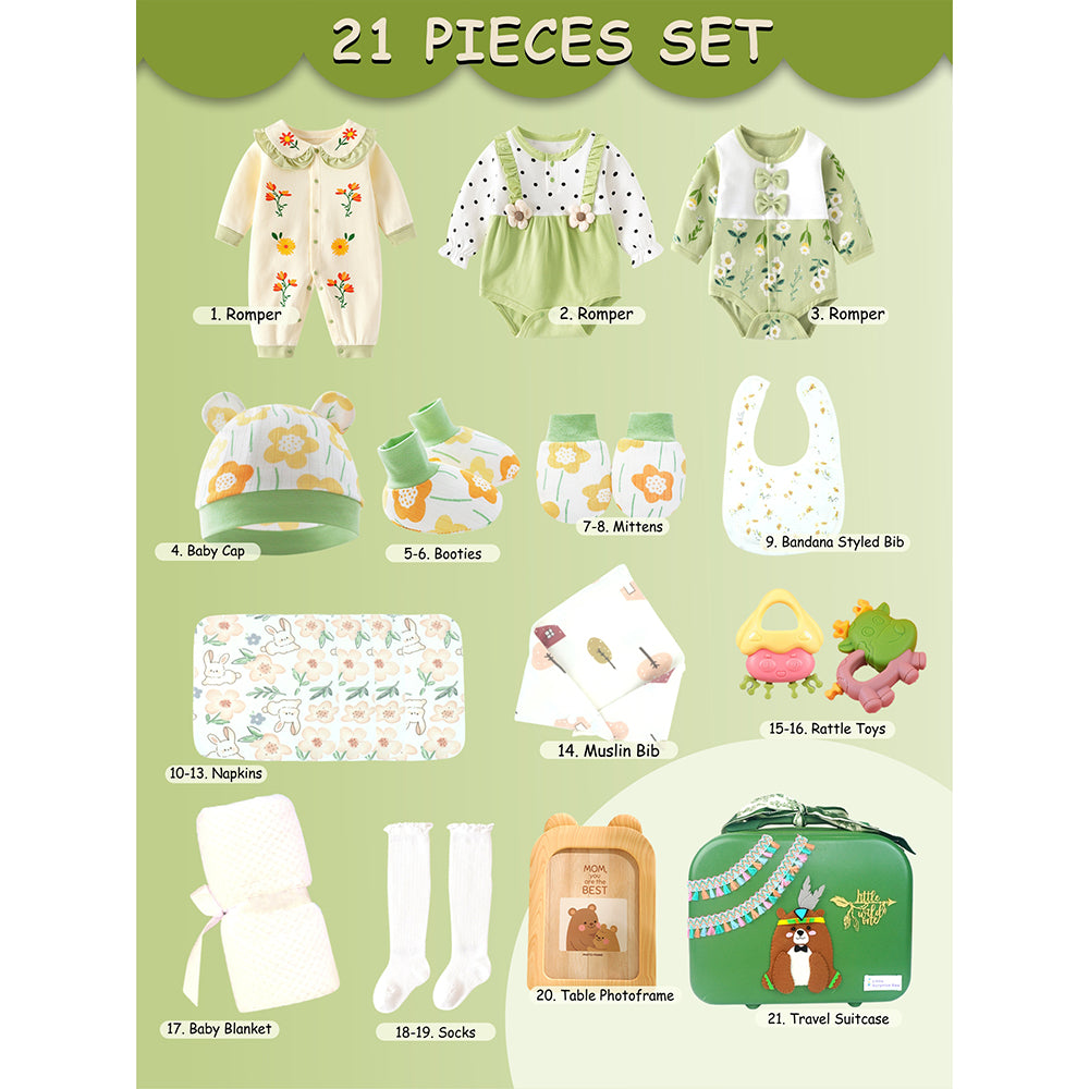 21 pcs Olive Baby Bear theme Birthday Gift Hamper set for Baby Girls with travelling Suitcase