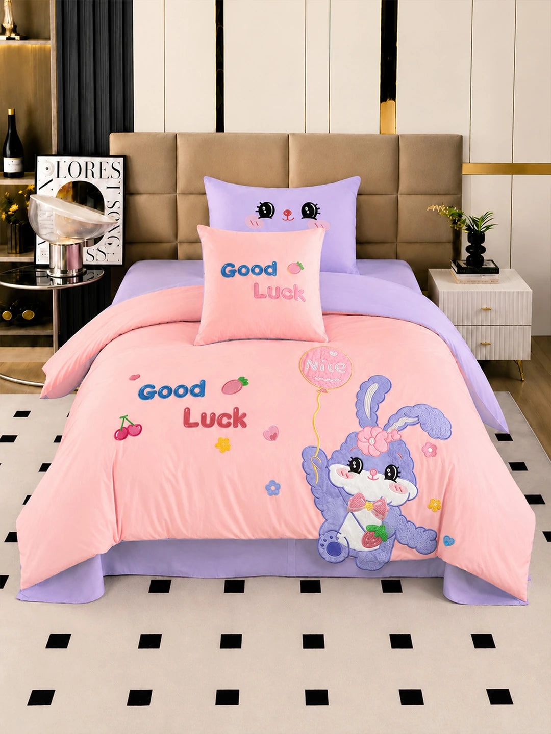 4 pcs Good Luck Bunny Theme Luxe Embroidered collection of Single bed comforter, 1 flat bedsheet, 2 pillow covers entire Kids Bedding Set for Single Bed.