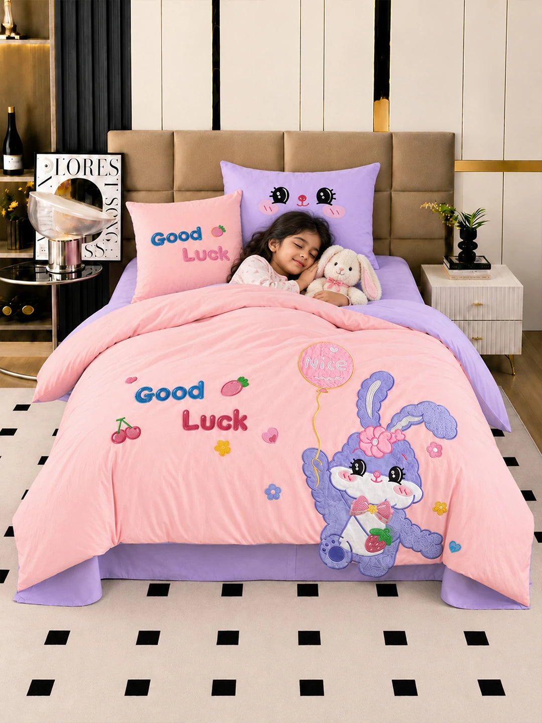 4 pcs Good Luck Bunny Theme Luxe Embroidered collection of Single bed comforter, 1 flat bedsheet, 2 pillow covers entire Kids Bedding Set for Single Bed.