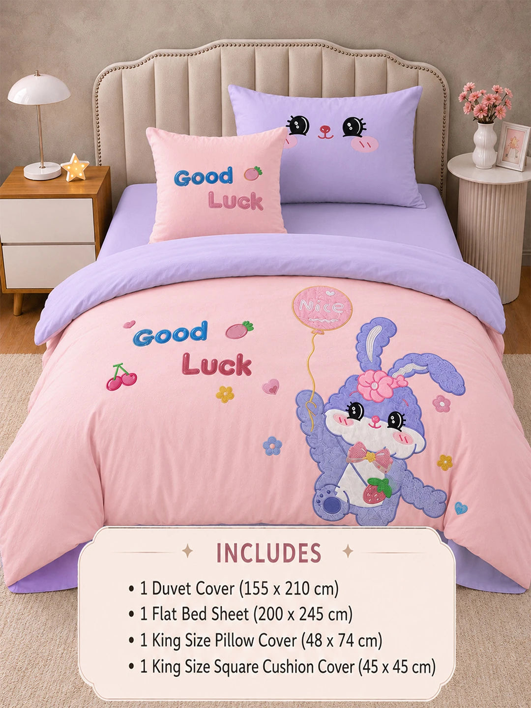 4 pcs Good Luck Bunny Theme Luxe Embroidered collection of Single bed comforter, 1 flat bedsheet, 2 pillow covers entire Kids Bedding Set for Single Bed.