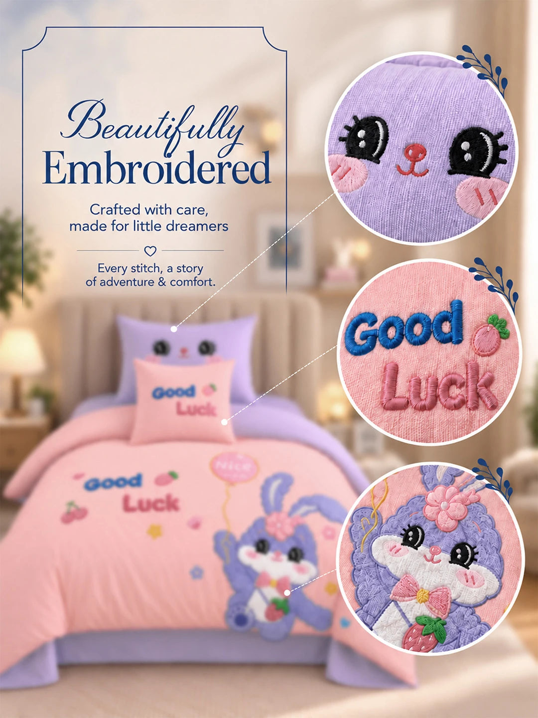4 pcs Good Luck Bunny Theme Luxe Embroidered collection of Single bed comforter, 1 flat bedsheet, 2 pillow covers entire Kids Bedding Set for Single Bed.