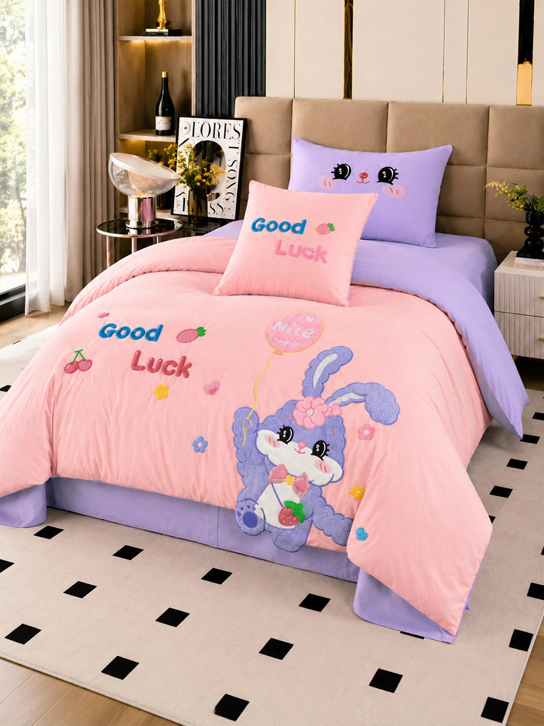 4 pcs Good Luck Bunny Theme Luxe Embroidered collection of Single bed comforter, 1 flat bedsheet, 2 pillow covers entire Kids Bedding Set for Single Bed.