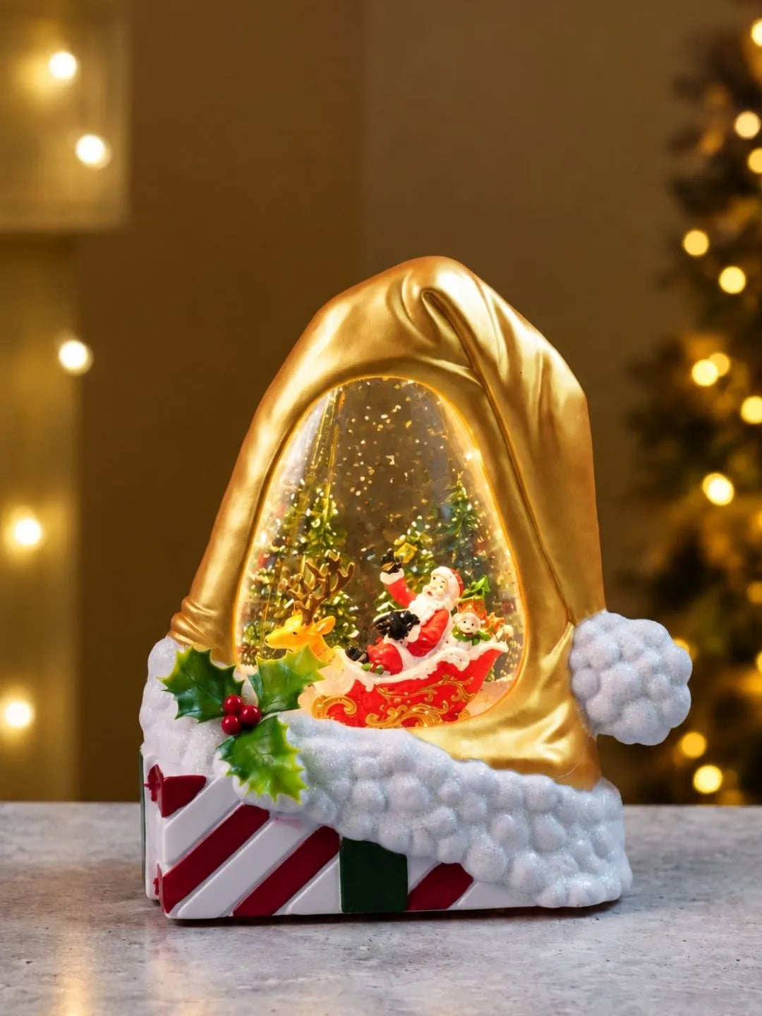 Gold Santa Hat, with Musical Glitter Water and Lights, Christmas Home Décor