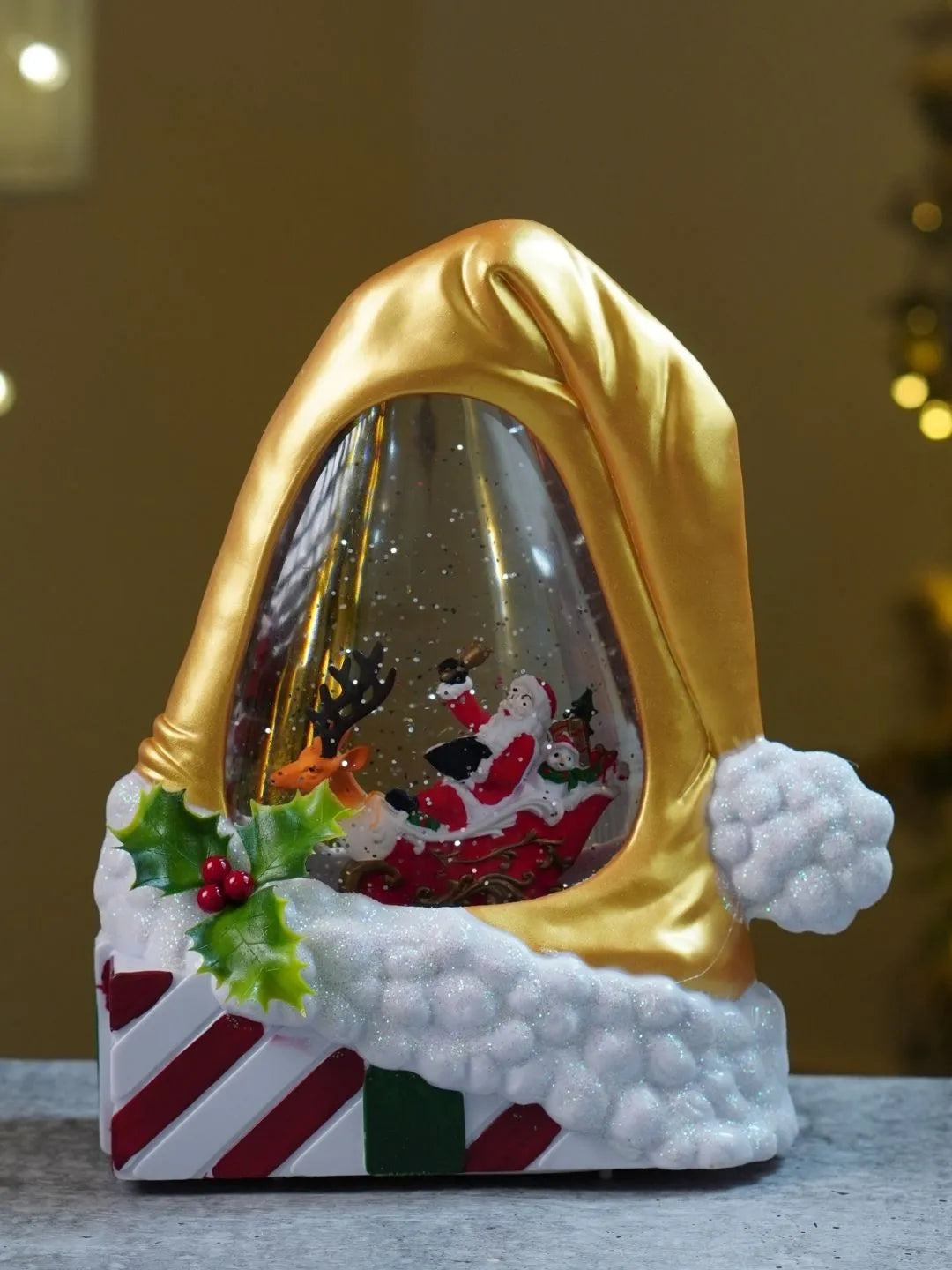 Gold Santa Hat, with Musical Glitter Water and Lights, Christmas Home Décor