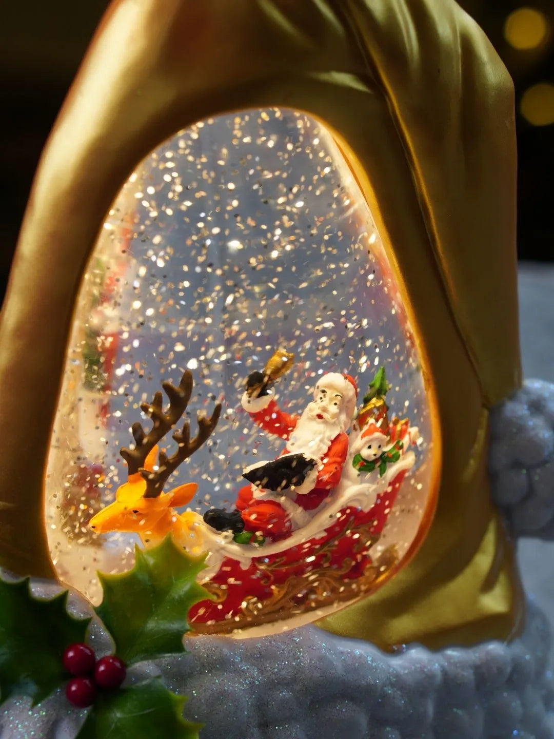 Gold Santa Hat, with Musical Glitter Water and Lights, Christmas Home Décor
