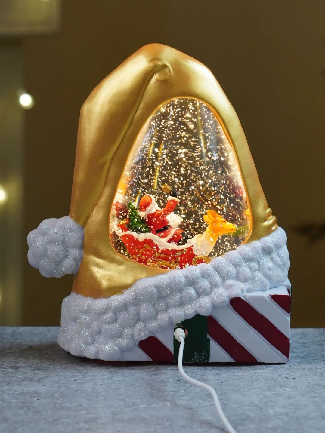 Gold Santa Hat, with Musical Glitter Water and Lights, Christmas Home Décor