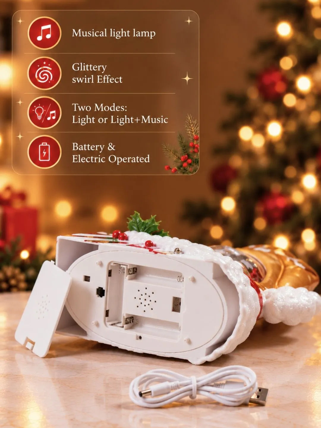 Gold Santa Hat, with Musical Glitter Water and Lights, Christmas Home Décor