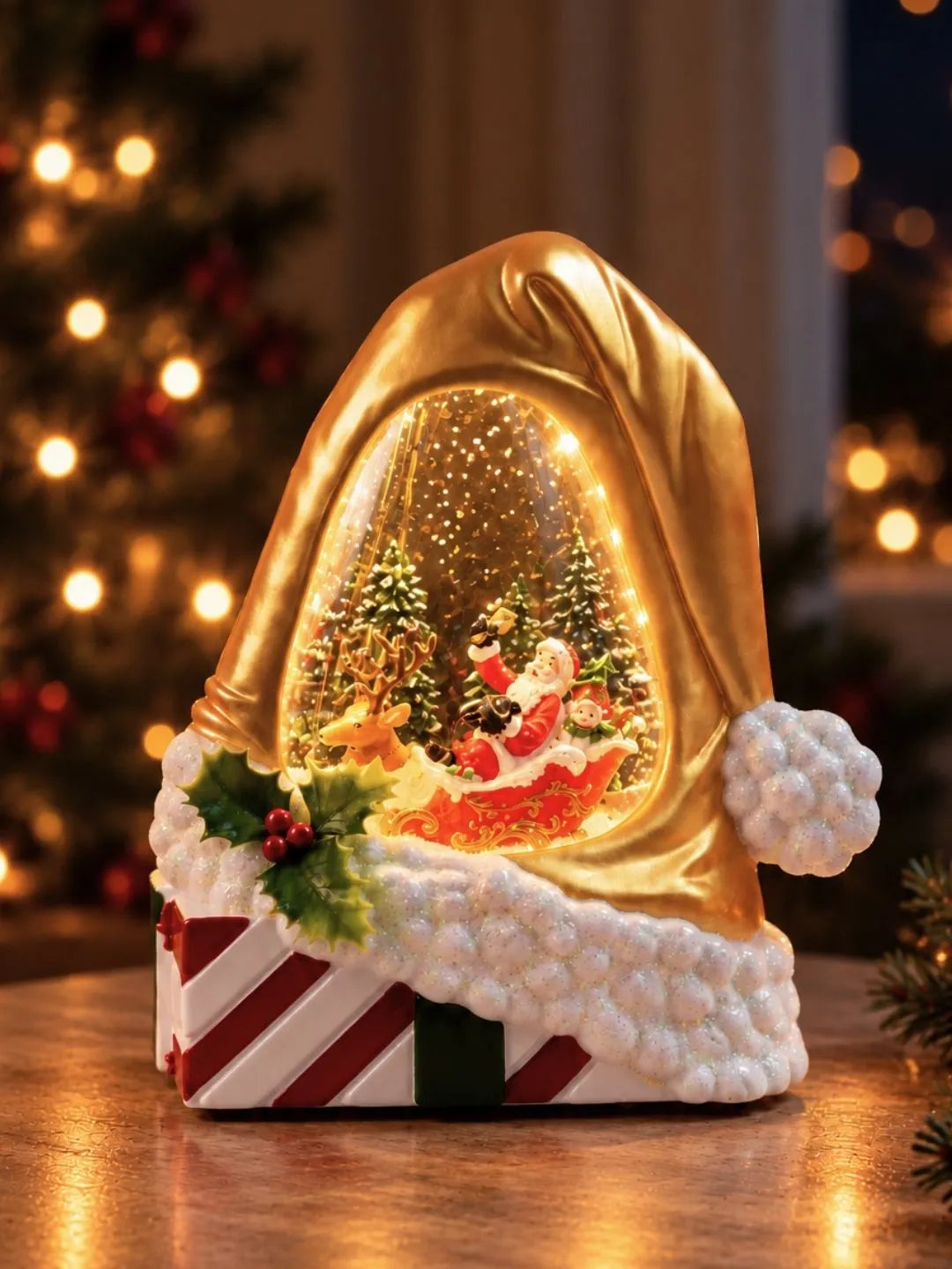 Gold Santa Hat, with Musical Glitter Water and Lights, Christmas Home Décor
