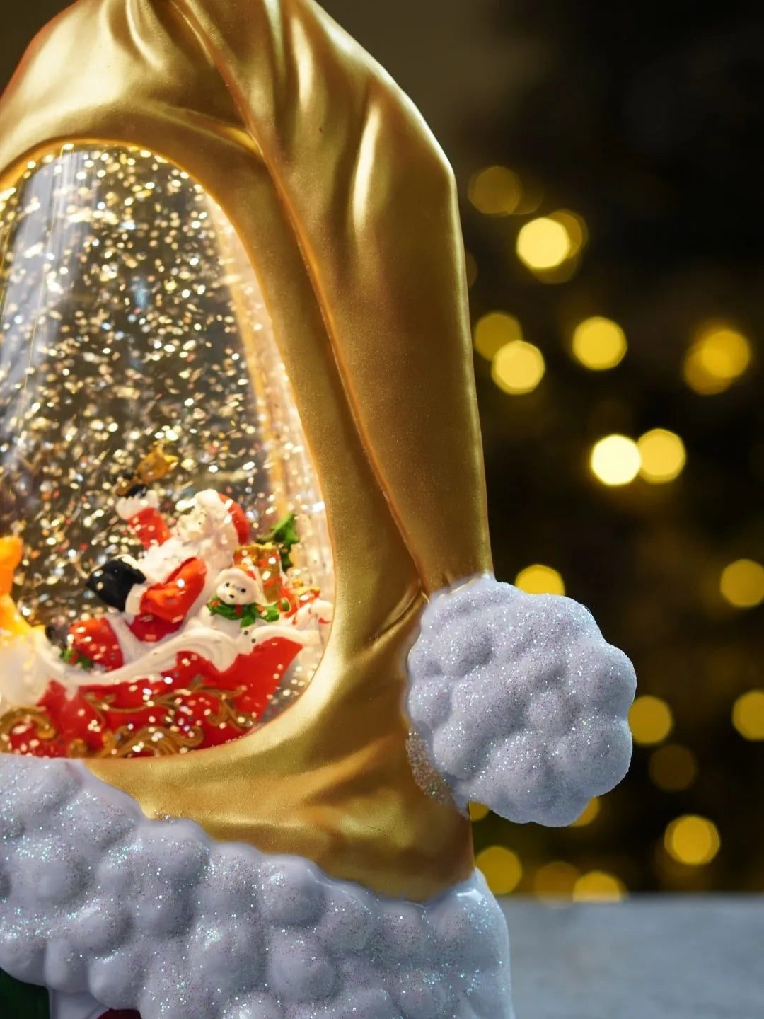 Gold Santa Hat, with Musical Glitter Water and Lights, Christmas Home Décor