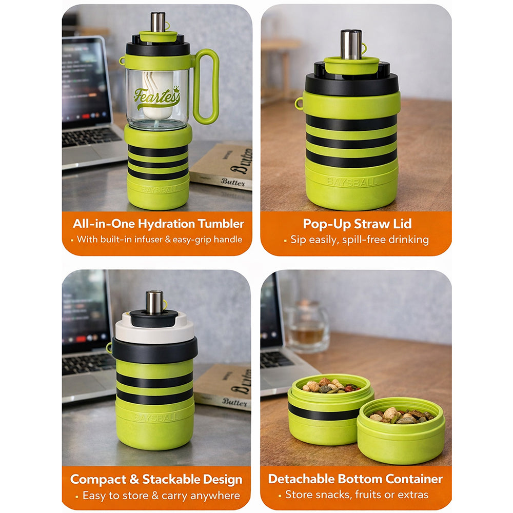 Green Black 4 in one Water Bottle , infuser & mini snack box for teens and Adults, 1000ml