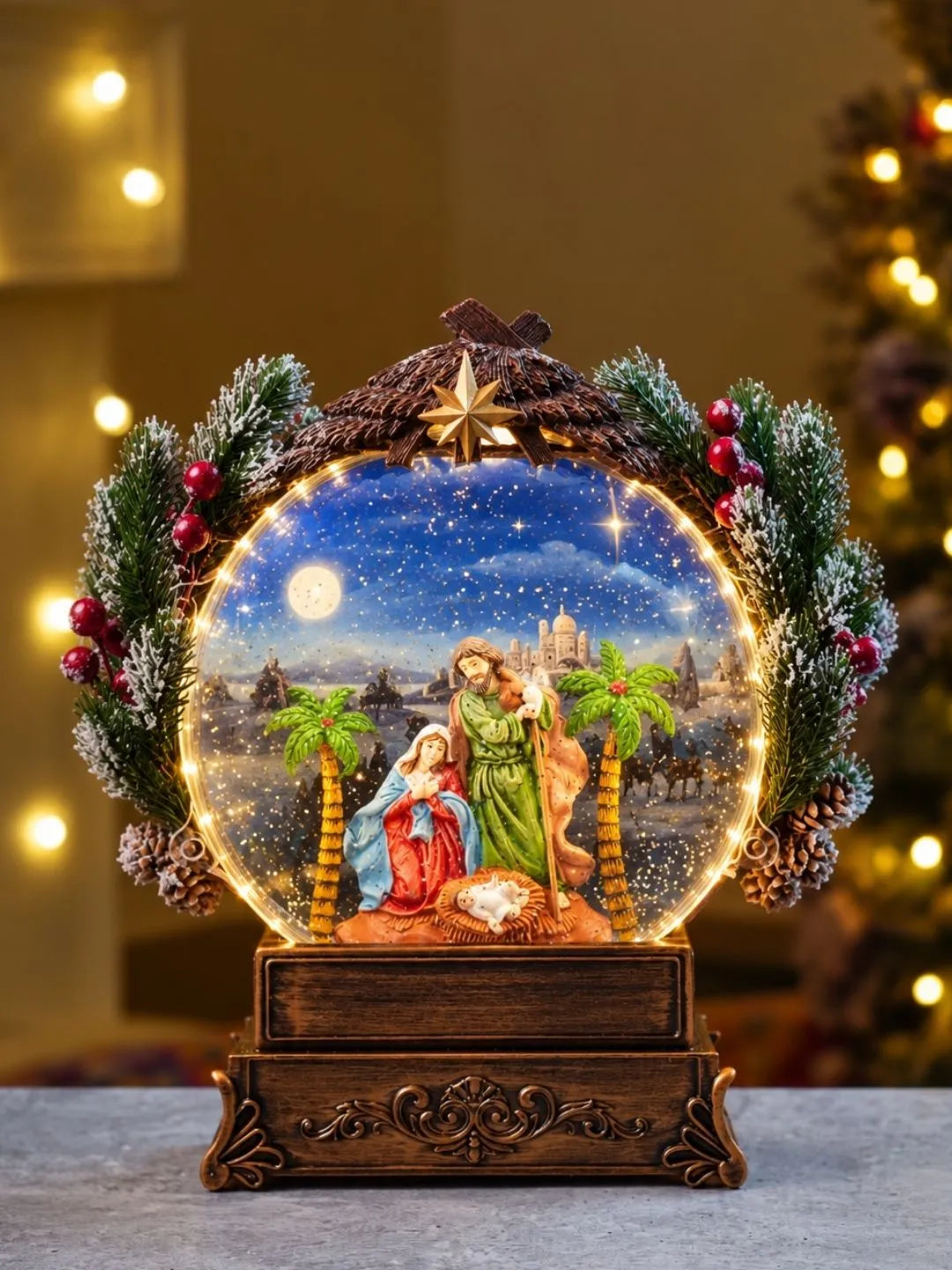 Holy Family Gold Globe, with Musical Glitter Water and Lights, Christmas Home Décor