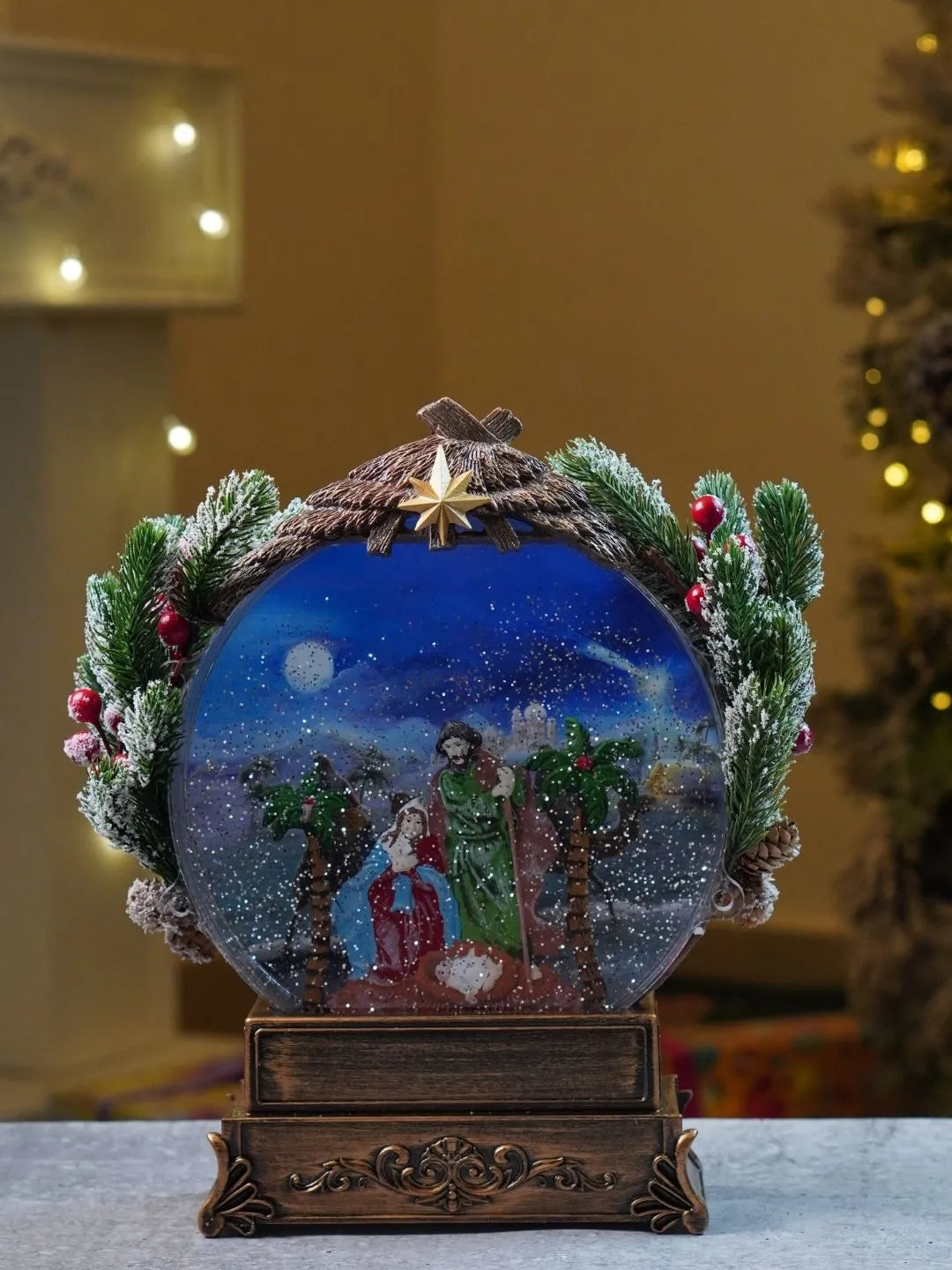 Holy Family Gold Globe, with Musical Glitter Water and Lights, Christmas Home Décor