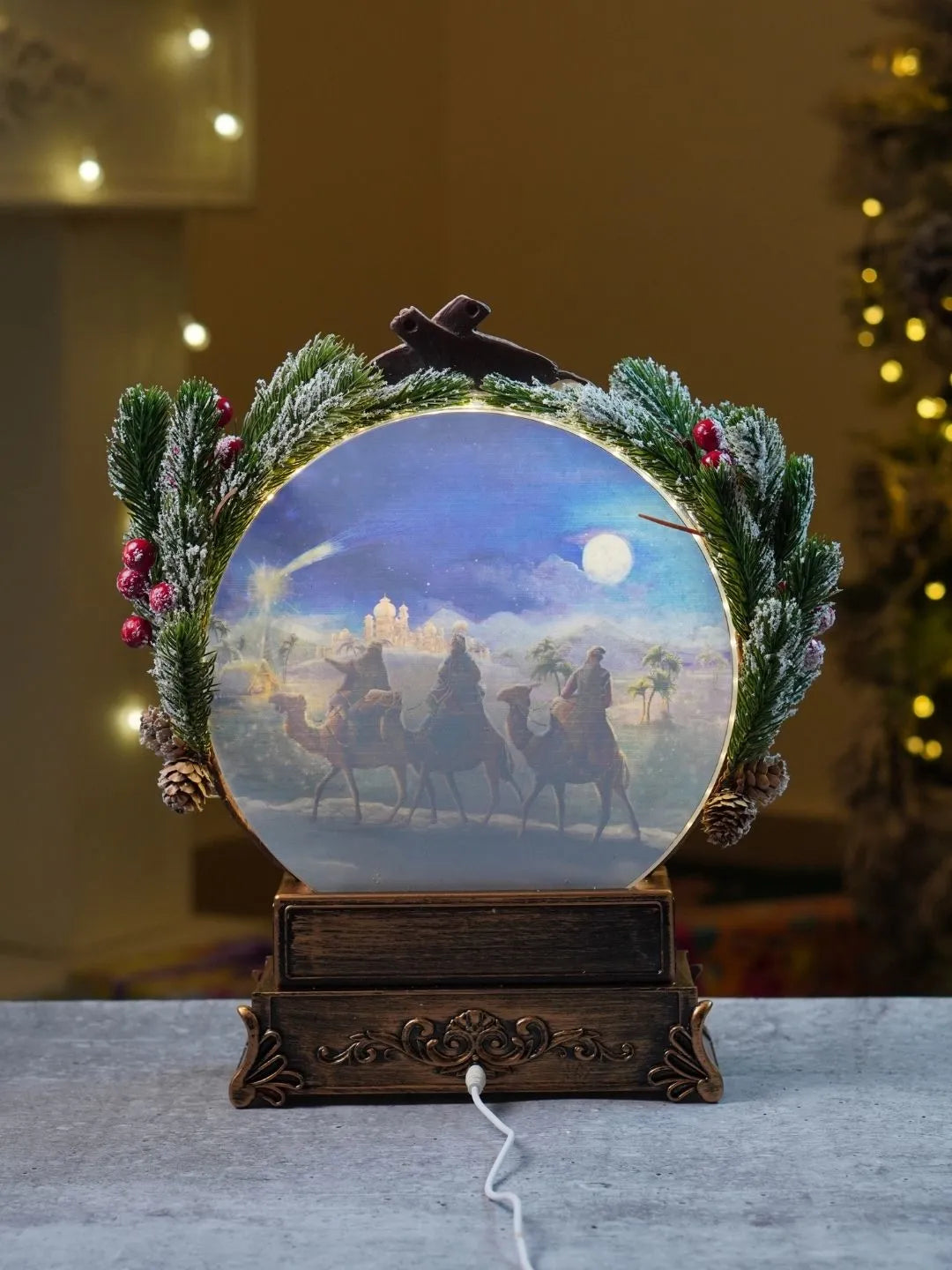 Holy Family Gold Globe, with Musical Glitter Water and Lights, Christmas Home Décor