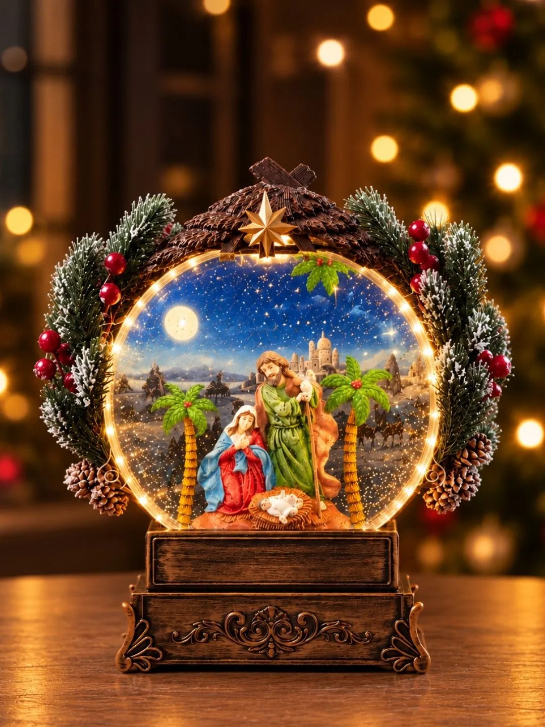 Holy Family Gold Globe, with Musical Glitter Water and Lights, Christmas Home Décor