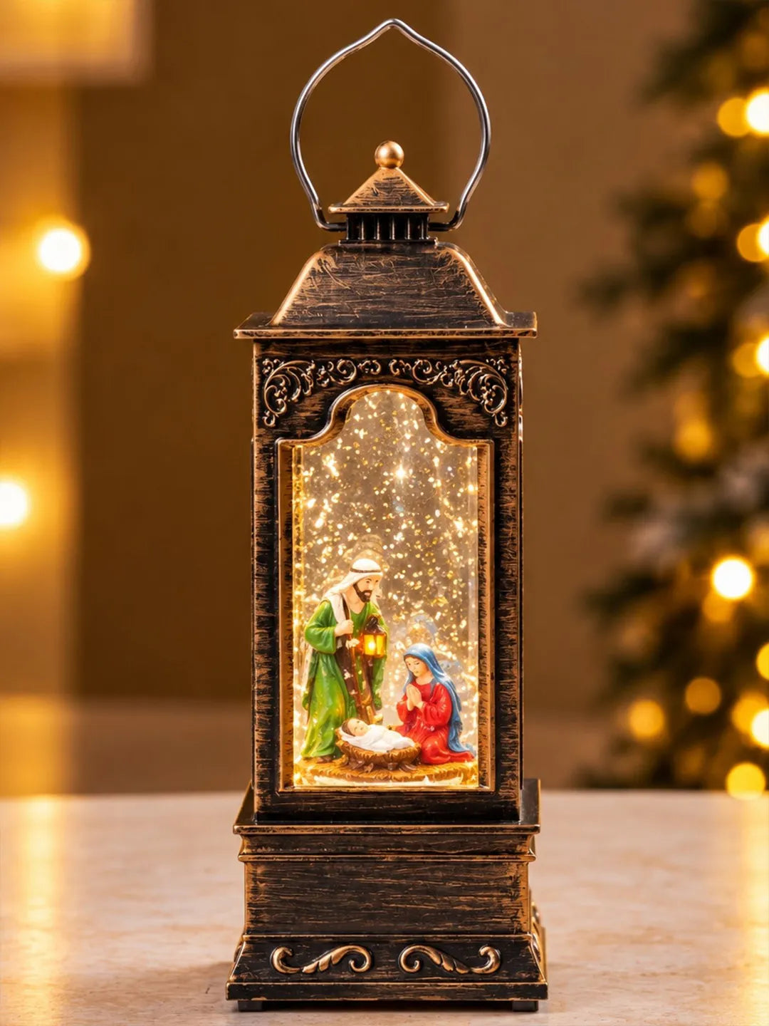 Holy Family Antique Lantern with Musical Glitter Water and Lights, Christmas Home Décor