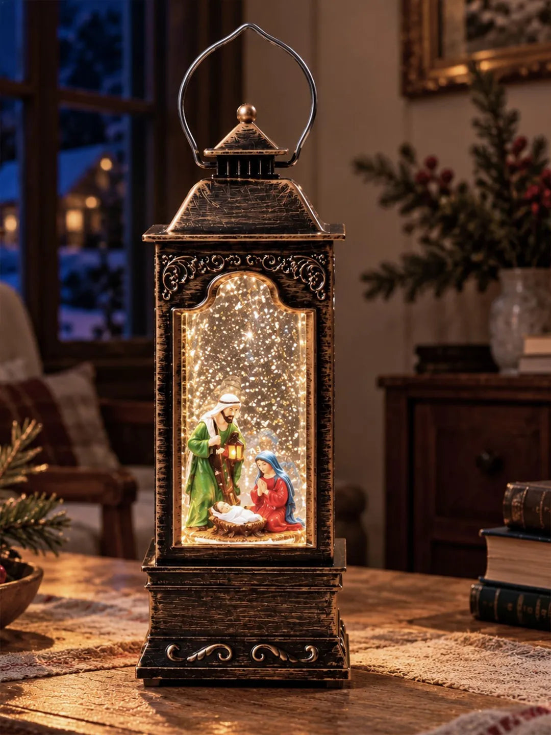 Holy Family Antique Lantern with Musical Glitter Water and Lights, Christmas Home Décor