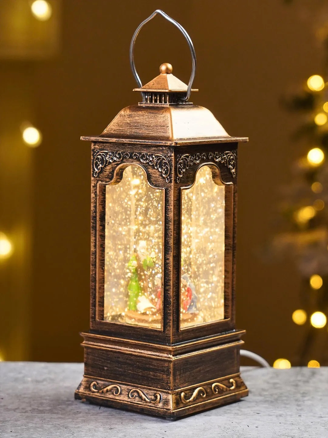 Holy Family Antique Lantern with Musical Glitter Water and Lights, Christmas Home Décor