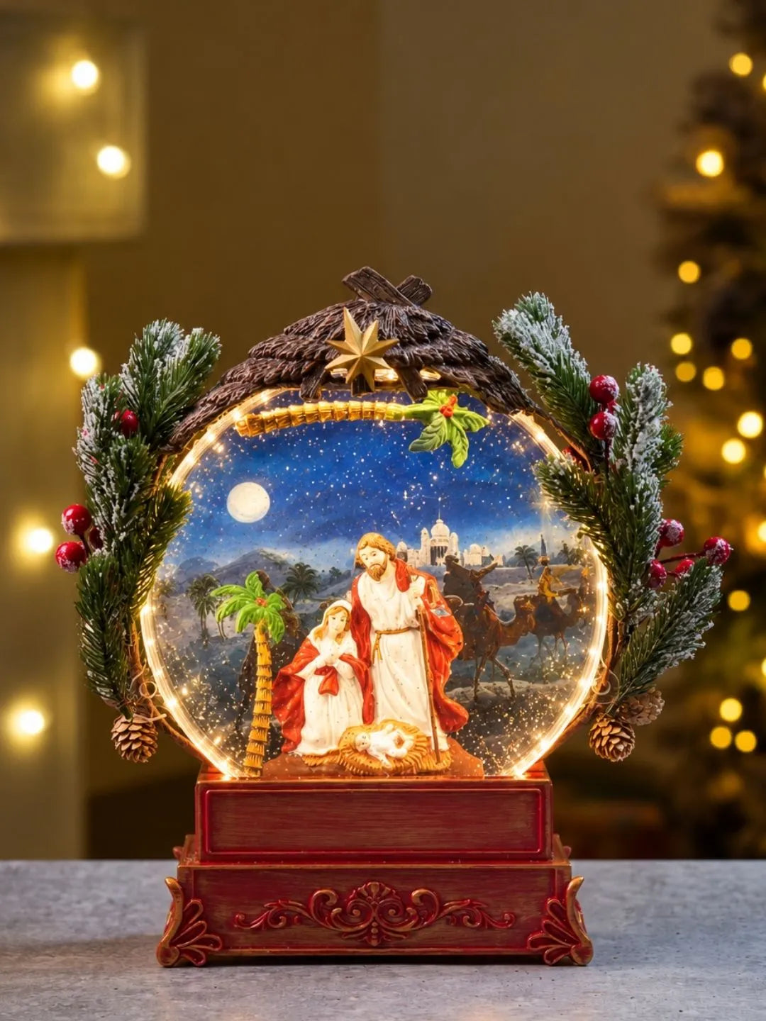 Holy Family Red Globe, with Musical Glitter Water and Lights, Christmas Home Décor