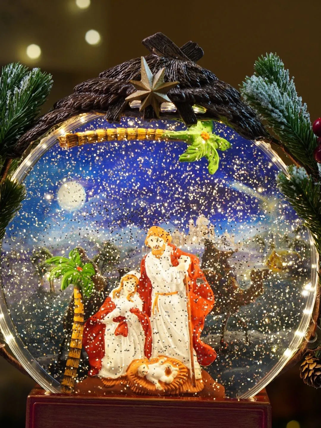 Holy Family Red Globe, with Musical Glitter Water and Lights, Christmas Home Décor