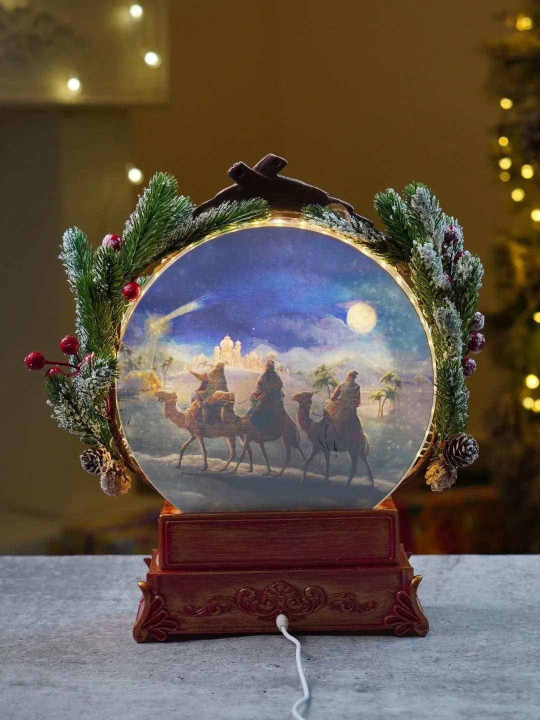 Holy Family Red Globe, with Musical Glitter Water and Lights, Christmas Home Décor