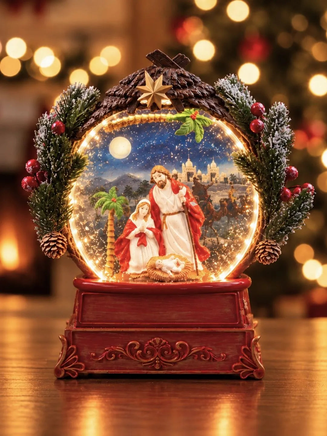 Holy Family Red Globe, with Musical Glitter Water and Lights, Christmas Home Décor