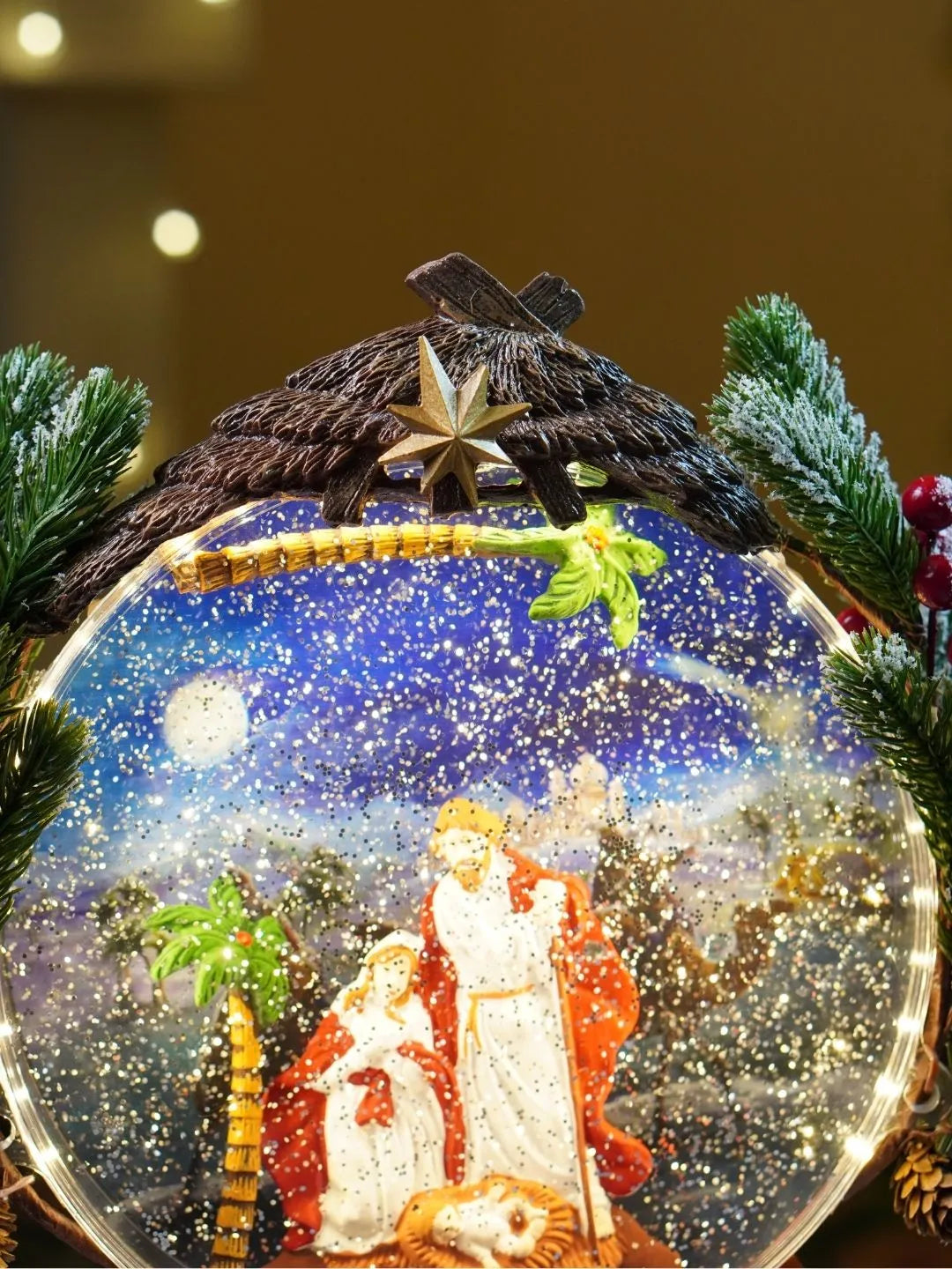 Holy Family Red Globe, with Musical Glitter Water and Lights, Christmas Home Décor