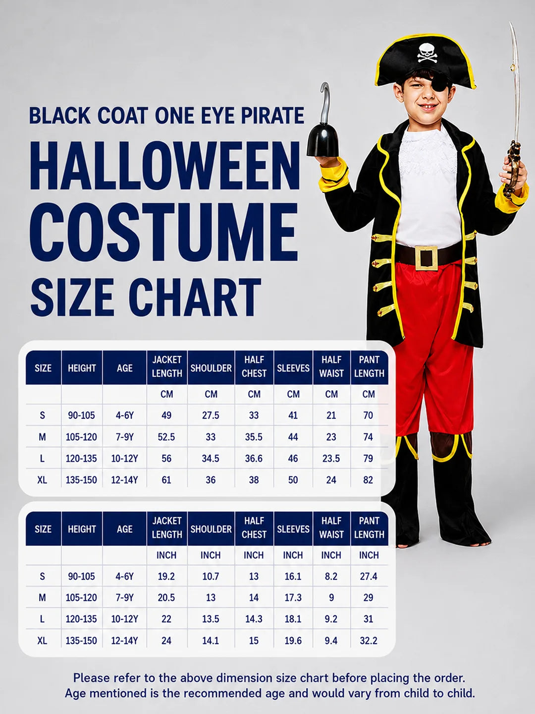 Black Coat one eye Pirate , Kids Halloween Costume Fancy Dress Up