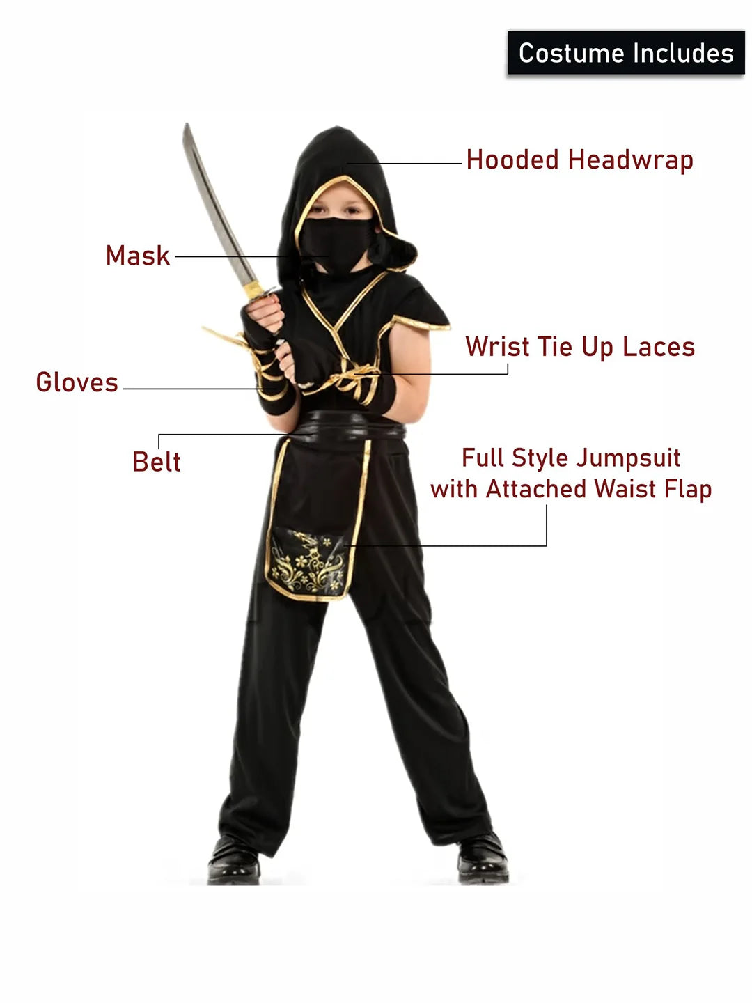 The Black & Gold Dragon Ninja, Kids Halloween Costume Fancy Dress Up