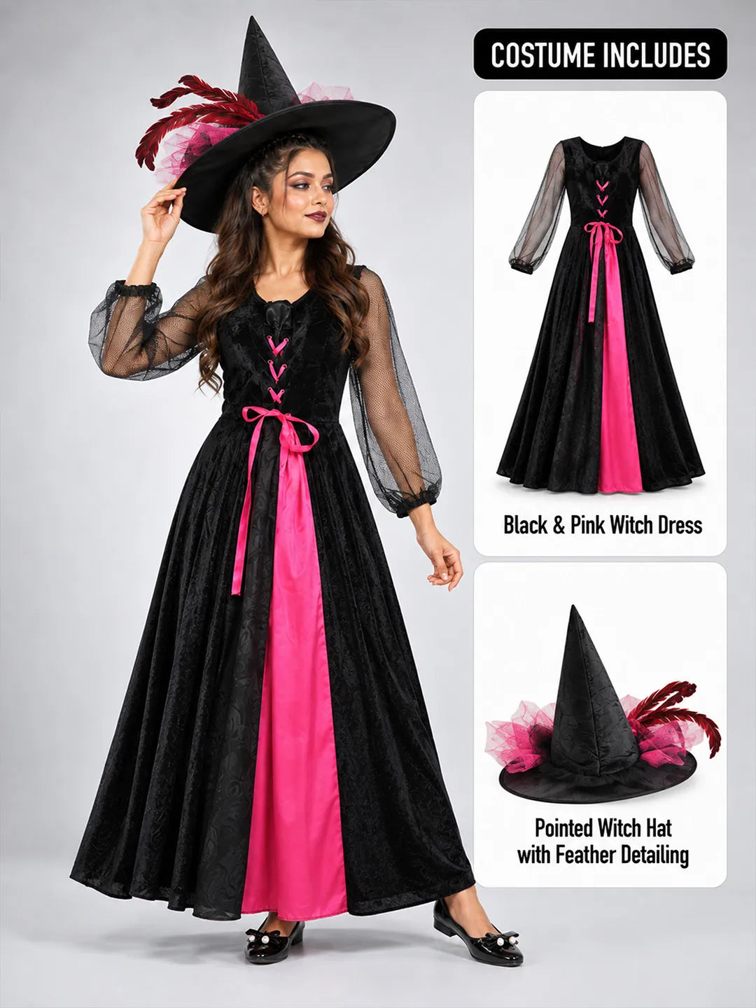 Black & Pink Witch Adult Halloween Costume Fancy Dress Up