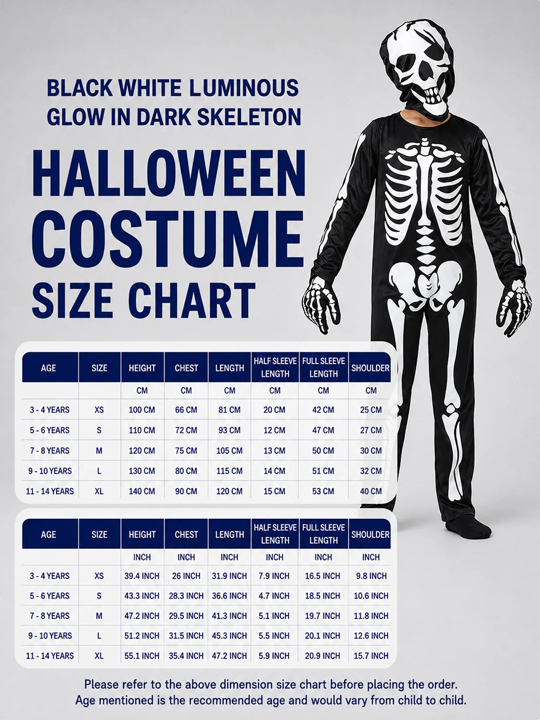 Black White Luminious Glow in Dark Skeleton Kids Halloween Costume