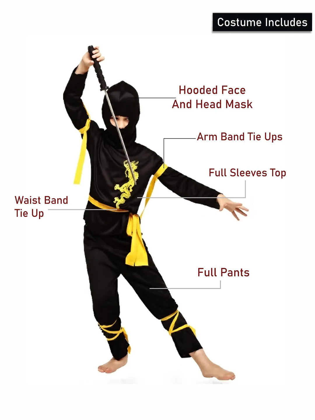 The Black & Yellow Dragon Ninja, Kids Halloween Costume Fancy Dress Up