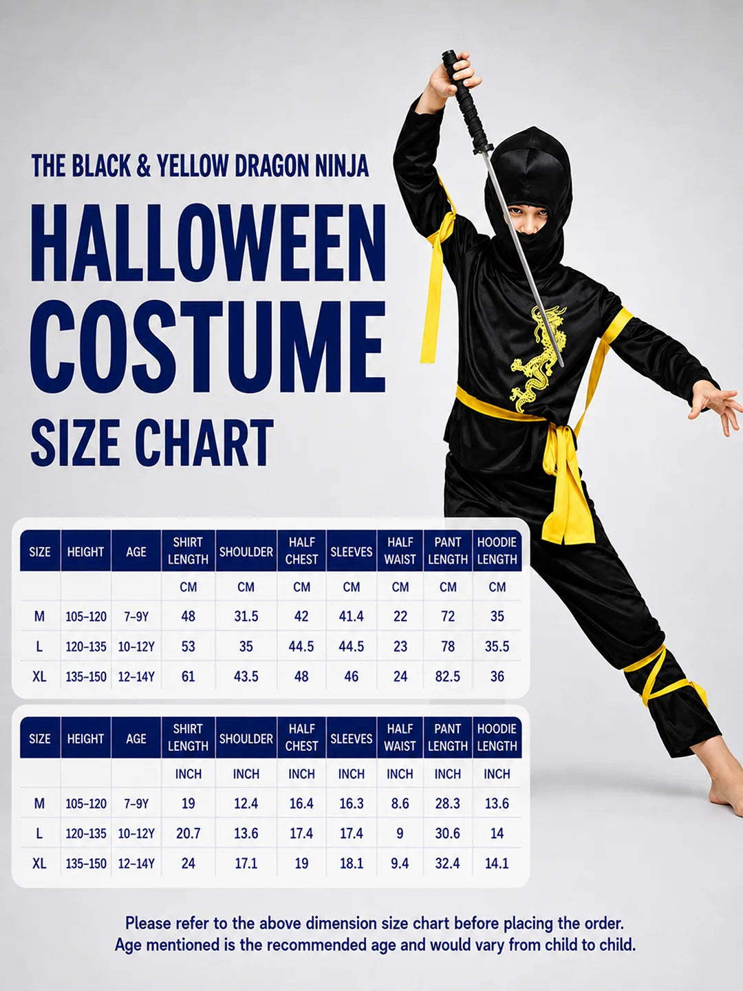 The Black & Yellow Dragon Ninja, Kids Halloween Costume Fancy Dress Up