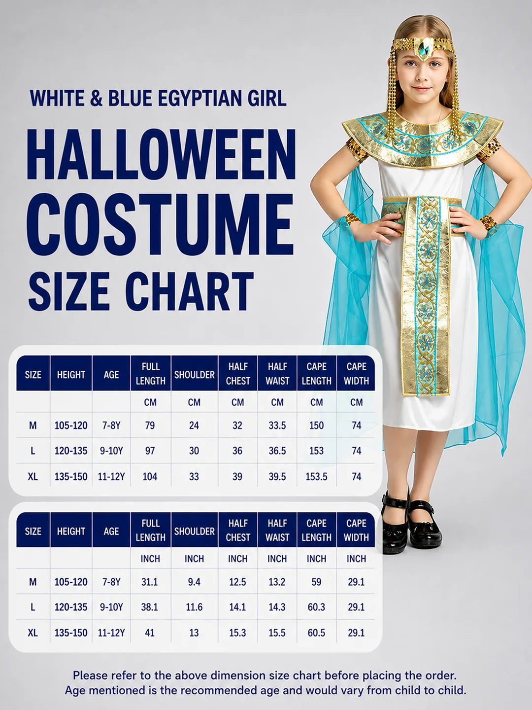 White & Blue Egyptian Girl , Kids Halloween Costume Dress Up for girls