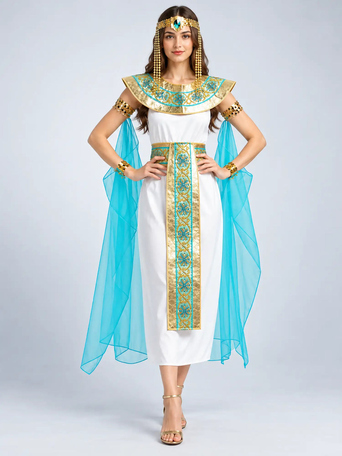 White & Blue Egyptian Princess Adult Halloween Costume Fancy Dress Up