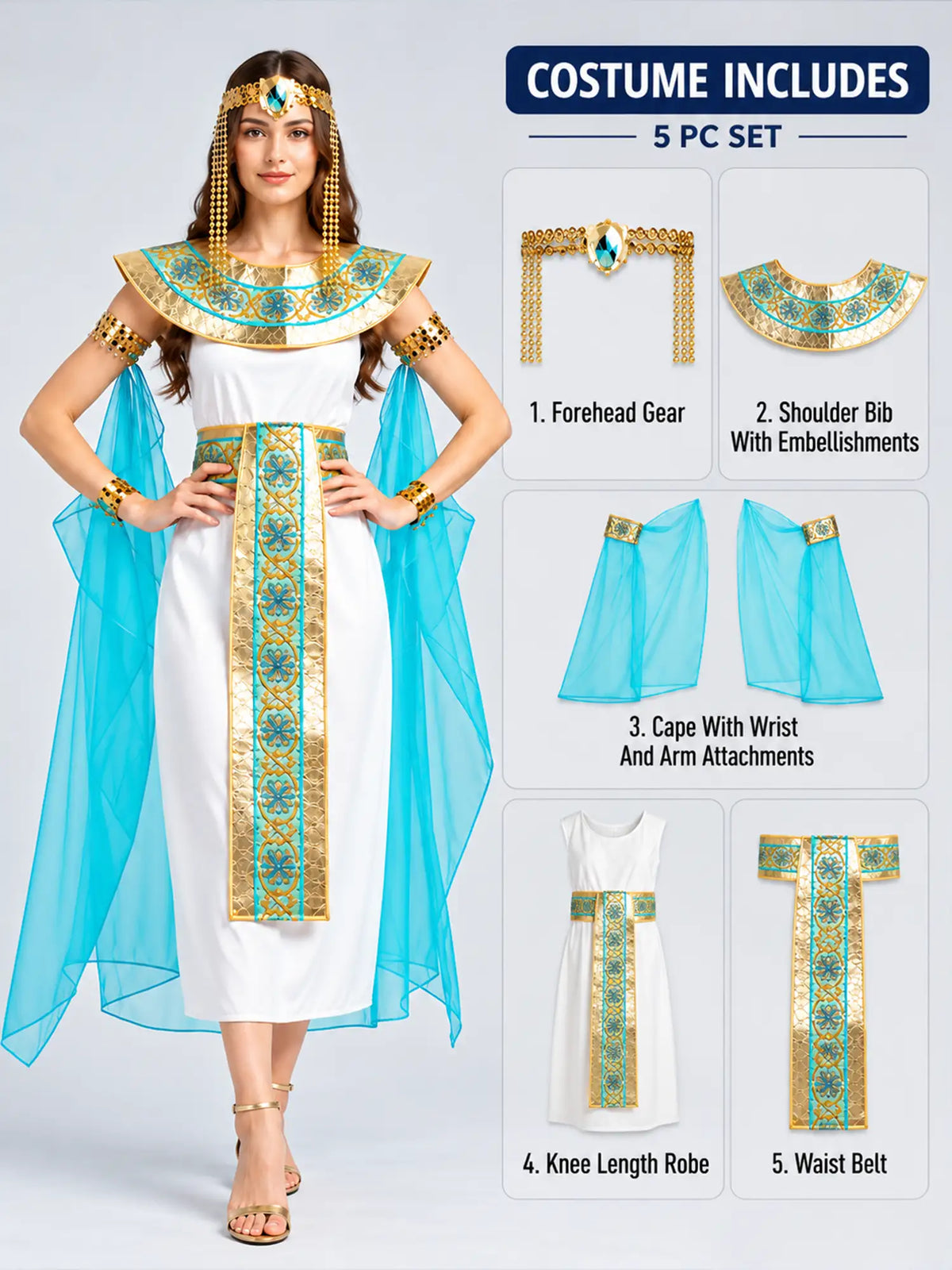 White & Blue Egyptian Princess Adult Halloween Costume Fancy Dress Up
