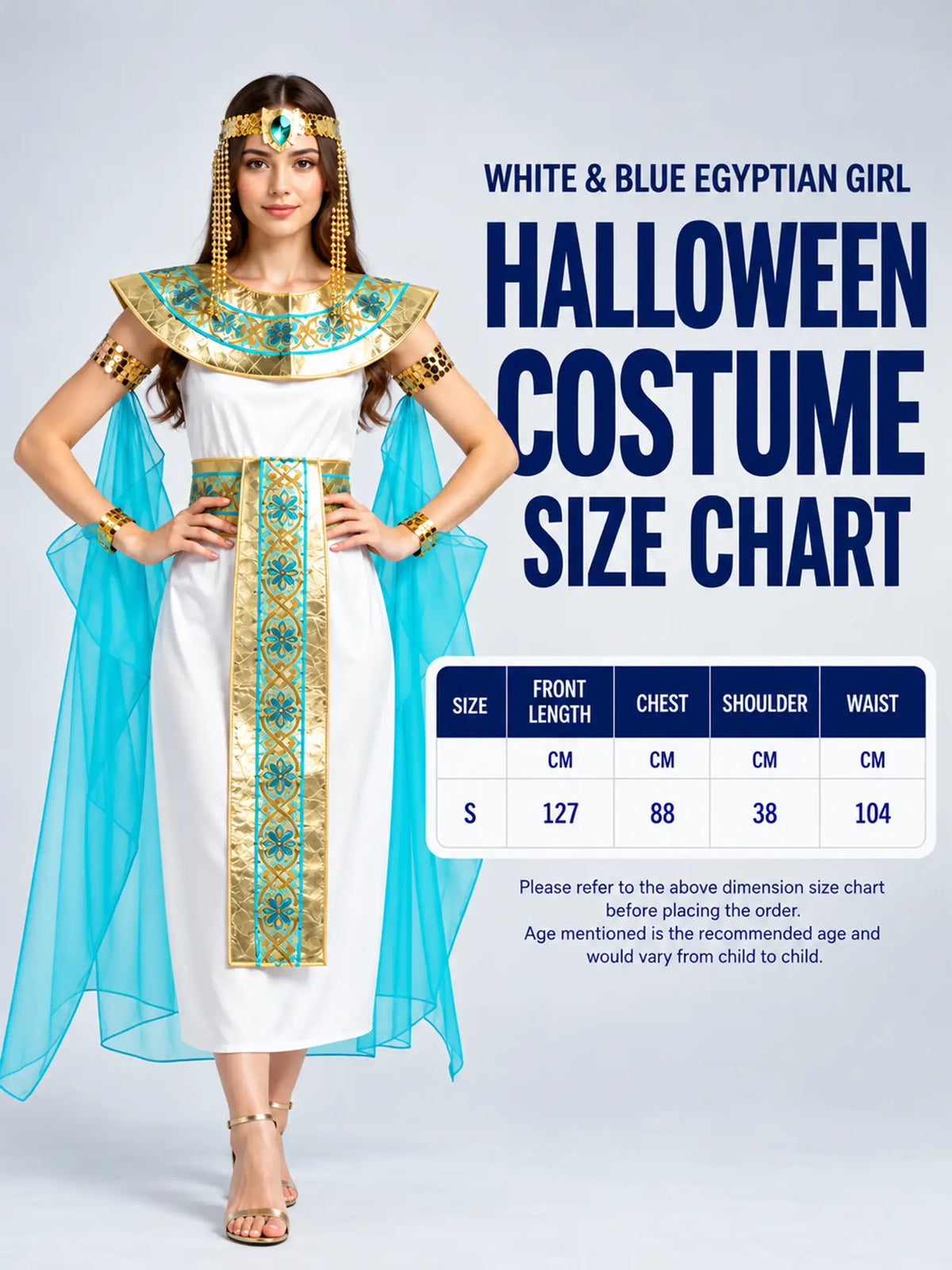 White & Blue Egyptian Princess Adult Halloween Costume Fancy Dress Up