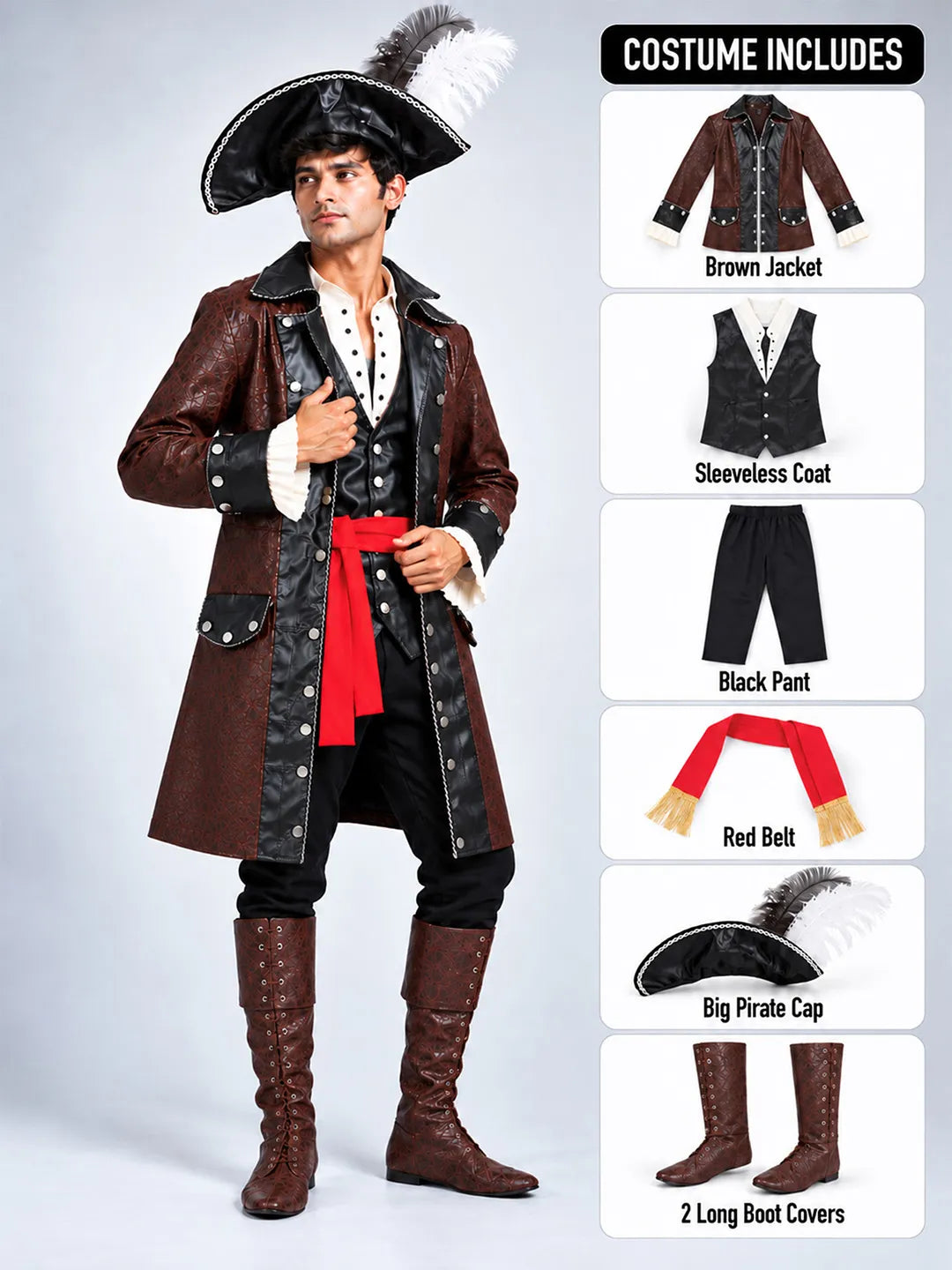 Classic Carribean Pirate, Adult Halloween Costume Fancy Dress Up