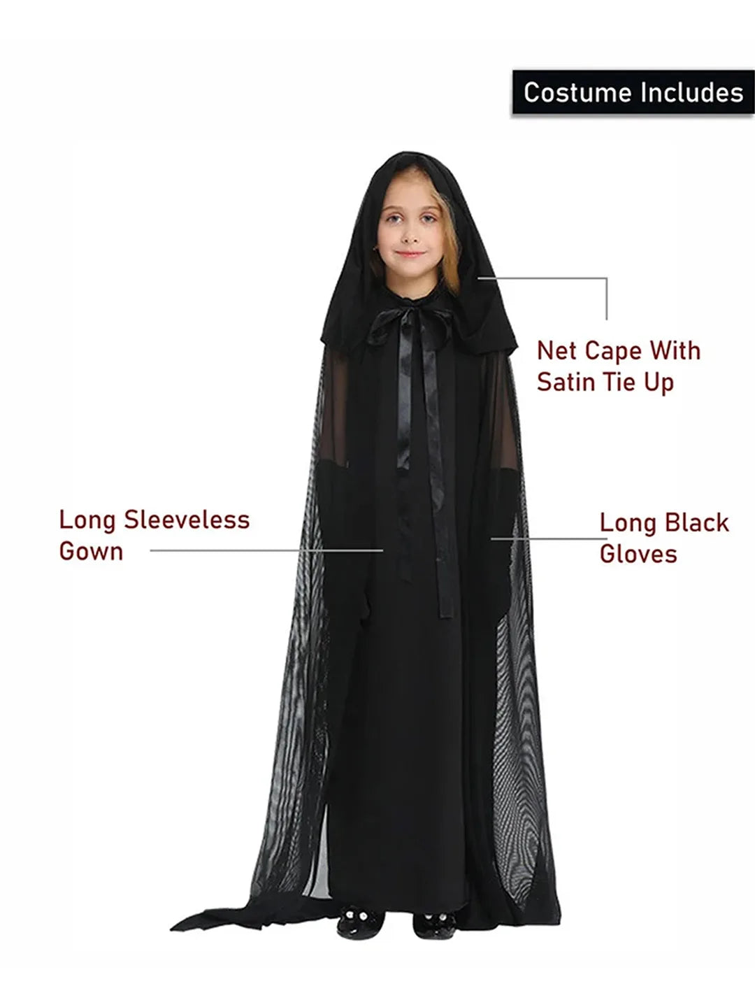 Long Black Cloak Witch , Kids Halloween Costume Fancy Dress Up