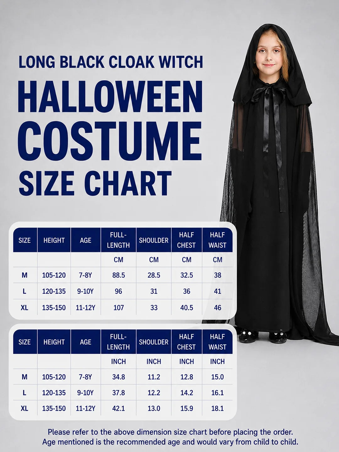 Long Black Cloak Witch , Kids Halloween Costume Fancy Dress Up