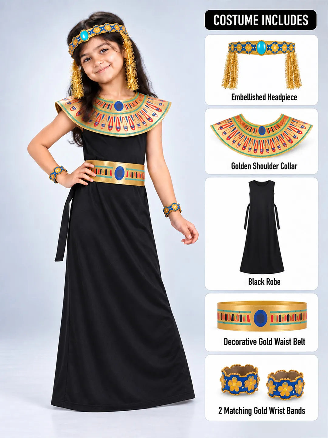 Black & Gold Egyptian Pharaoh Girl, Kids Halloween Costume Fancy Dress Up