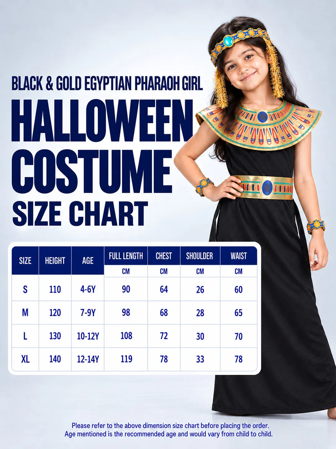 Black & Gold Egyptian Pharaoh Girl, Kids Halloween Costume Fancy Dress Up