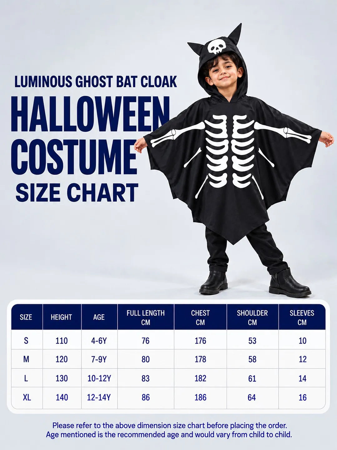 Luminous Ghost Bat cape style Cloak, Kids Halloween Costume Fancy Dress Up