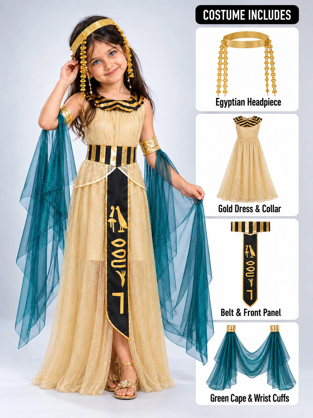 Gold & Green Egyptian Girl, Kids Halloween Costume Fancy Dress Up
