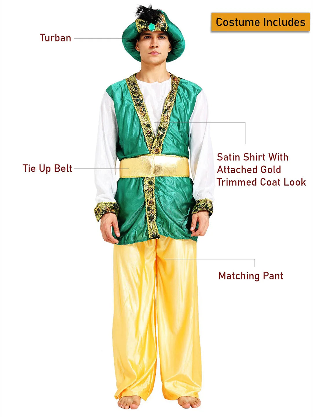 Aladdin Gold and Green Adults Halloween Costume Fancy Dress Up