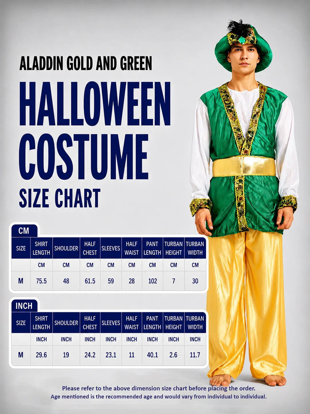 Aladdin Gold and Green Adults Halloween Costume Fancy Dress Up