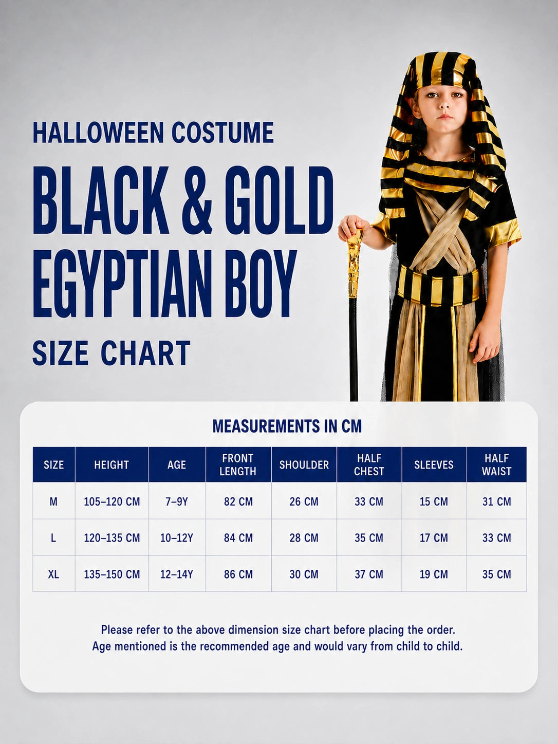 Black & Gold Egyptian Boy, Kids Halloween Costume Dress Up